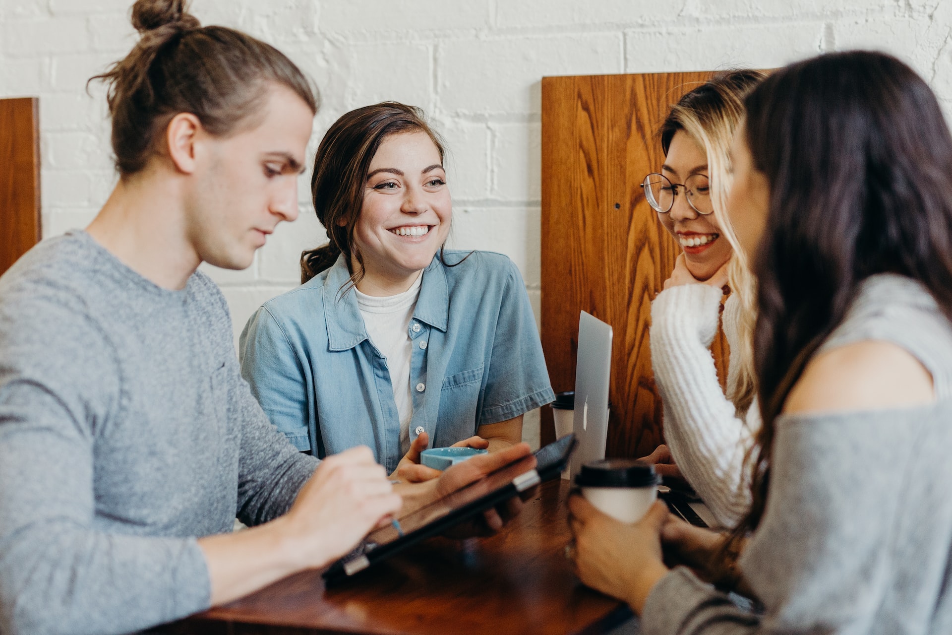 Employees using technology to communicate