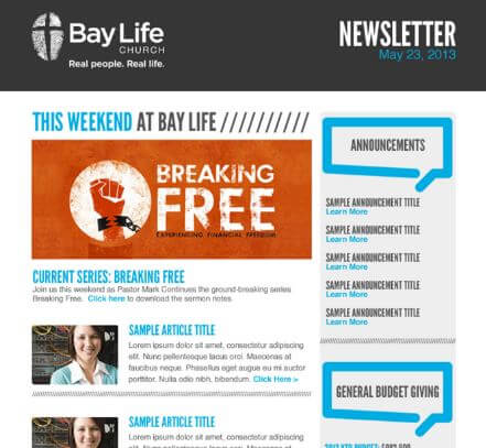 Newsletter as an example by Bay Life Church